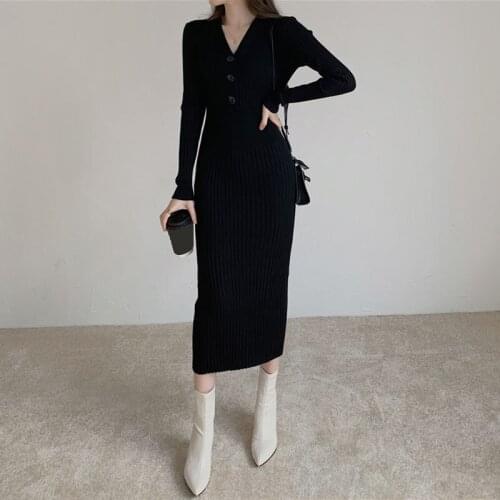 Knitted Dress Women Casual Long Sleeve Vintage Elegant Office Sweater Dress Female 2021 Spring Dress Korean