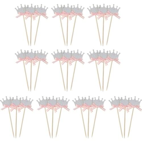 30 Pieces Glitter Crown Cake Topper With Bow Decor For Wedding Party