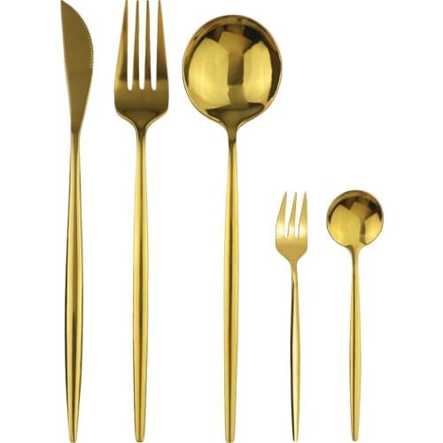 5Pcs Gold Tableware Set Stainless Steel Dinnerware Set Shiny Knife Fork Spoon Flatware Set Kitchen Cutlery Fruit Fork Silverware