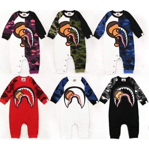 Newborn Kids Boy Girls Cartoon Cool Style Camo Shark Animal Printed Long Sleeve Shirt BodySuit Outfit Set Baby Clothes