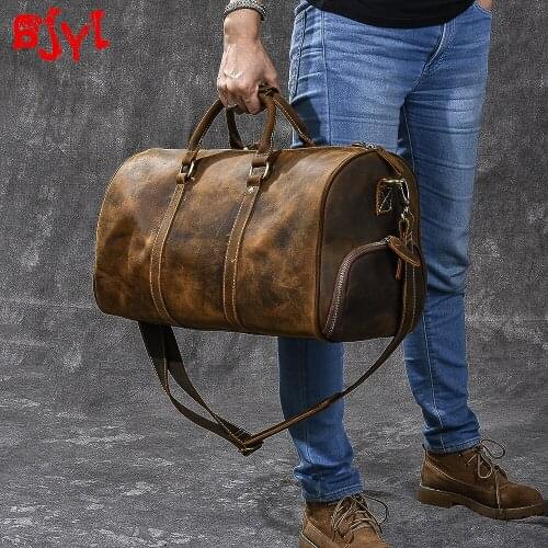 Retro large-capacity mens handbags male crazy horse leather travel bag men shoes bag Bucket shoulder bags male luggage bag