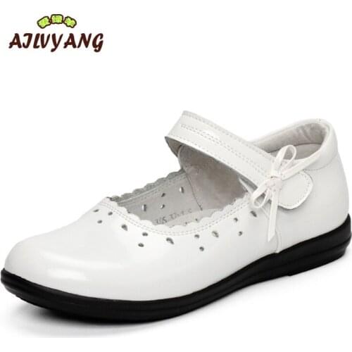 Children Genuine Leather Formal Shoes For Girls Kids Hollow Bowtie Party Shoes Girls Dance Perfoamce Flats Shoes