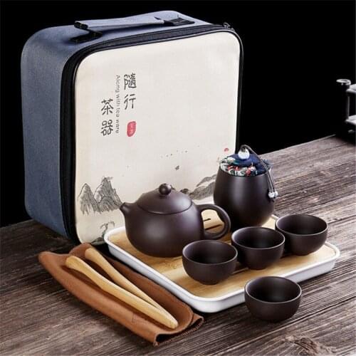 Purple Clay Travel Tea Set Retro Teapot Drinkware Tea Cup Tureen Infuser Chinese Tea Ceremony Outdoor Home Kung Fu Teaware Sets