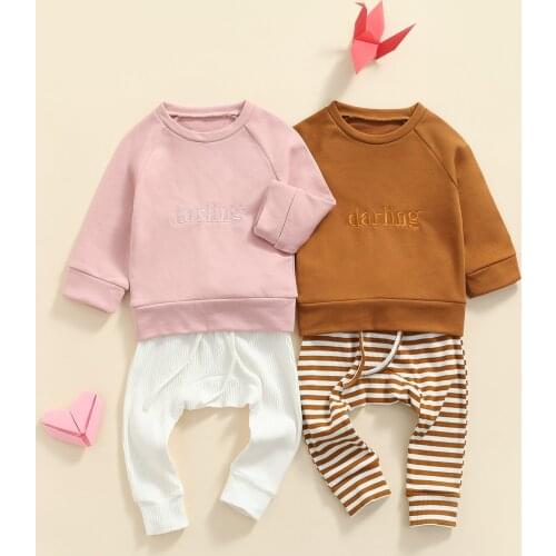 FOCUSNORM 0-5Y Lovely Baby Girls Boys Clothes Sets 2pcs Letter Long Sleeve Pullover Sweatshirt Tops Striped Pants Autumn Outfits