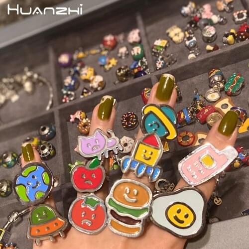 HUANZHI 2021 New Dripping Oil Graffiti Smiley Cartoon Phone Apple Planet Food Cat Cute Metal Rings for Women Girls Jewelry Gifts