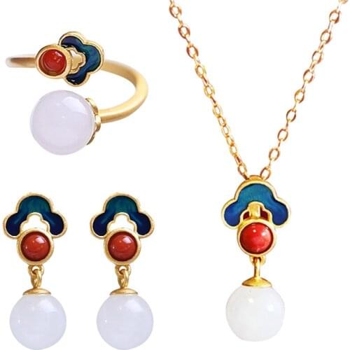 925 silver Chinese wind auspicious cloud white chalcedony earrings necklace ring niche design sense ancient earrings female