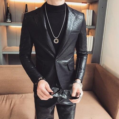 Suit Jacket Pants 2 Pcs Set / 2021 Fashion New Mens Casual Boutique Pure Color High-quality Leather Blazers Jacket Trousers