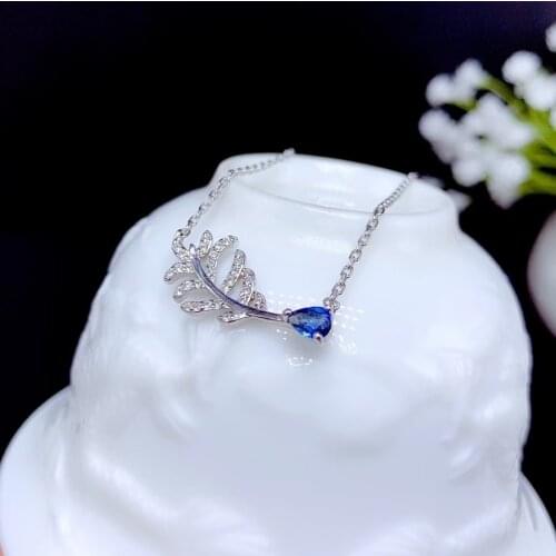 CoLife Jewelry Silver Feather Pendant for Party 3mmx5mm Natural Blue Sapphire Pendant 925 Silver Sapphire Jewelry Girl Gift