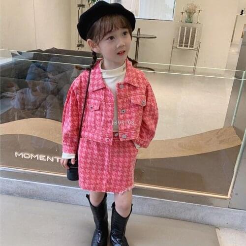 Girls 2021 Autumn Fashion Denim 2pcs Clothing Set Korean Childrens Autumn Houndstooth Jacket +skirt Suits 2-13t