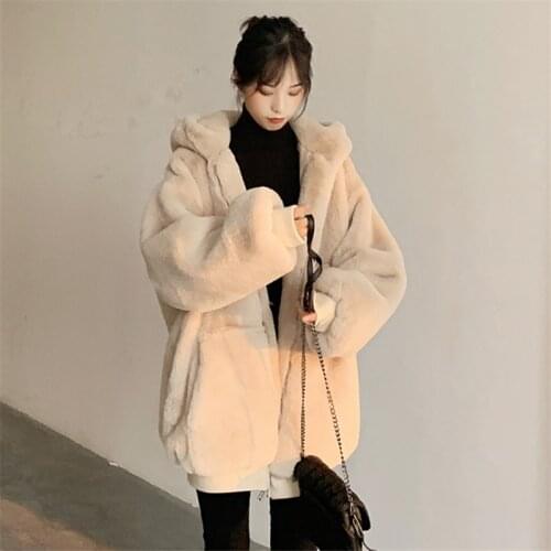 2020 faux fur jacket womens clothing winter outerwear coats new hooded loose fluffy coat female imitation Rabbit Fur parka
