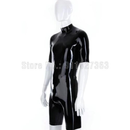 Latex Catsuit Sexy Rubber Half Sleeve Half Pants Bodysuits Men’s Black Tight Clothing Jumpsuit Athletic Wear crotch & back zip