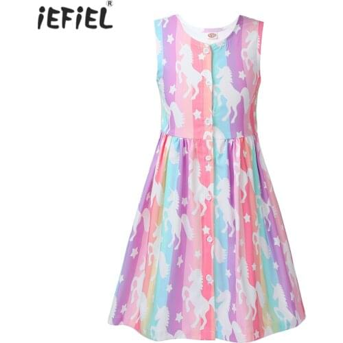 Summer Girls Dresses Toddler Baby Girl Princess Dress Sleeveless Cute Cartoon Print Rainbow Stripe Clothing Kids Party Dresses