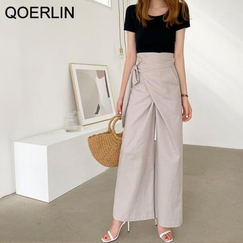 QOERLIN Linen Drawstring Korean Style Loose Wide Leg Straight Pants Simple Solid Irregular Side Lace-Up Casual Trousers Female
