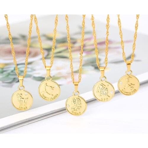 Fashion 12 Constellation Coins Necklaces Constellation Leo/Scorpio/Aquarius Pendant Water Wave Chain Gold Color Necklace
