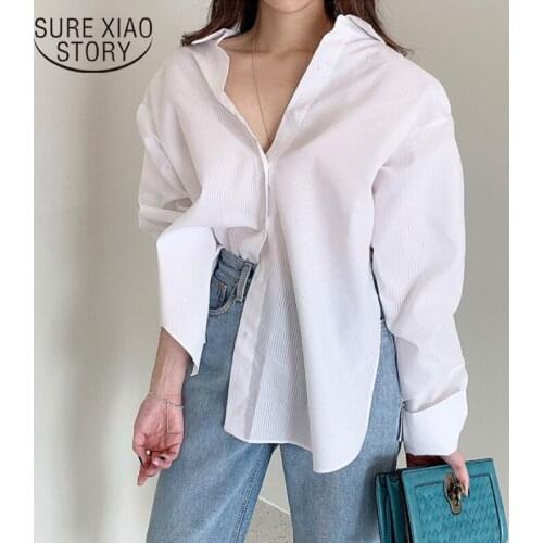 Autumn BF Style Fashion White Shirt Women Stripe Blue Shirt Cotton Tops Loose Oversize Button Shirt Casual Clothes Blusas 15839