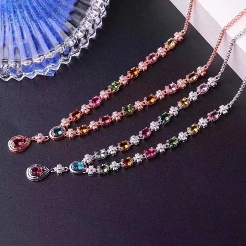 Luxury clover water Natural Multicolor tourmaline Necklace Natural gemstone Pendant Necklace S925 sliver women party Jewelry