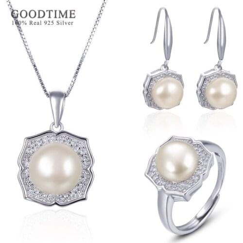 Luxury Pure 925 Sterling Silver Jewelry Set Freshwater Pearl Zircon Flower Necklace Earrings Ring Fashion Gift For Woman Girl