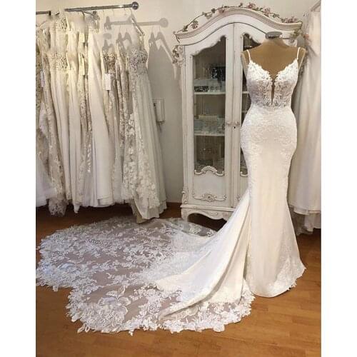 Modest Lace Boho Bohemian Wedding dress Mermaid with Long Train Straps Elegent Women Dubai White Bridal Gown Plus Size