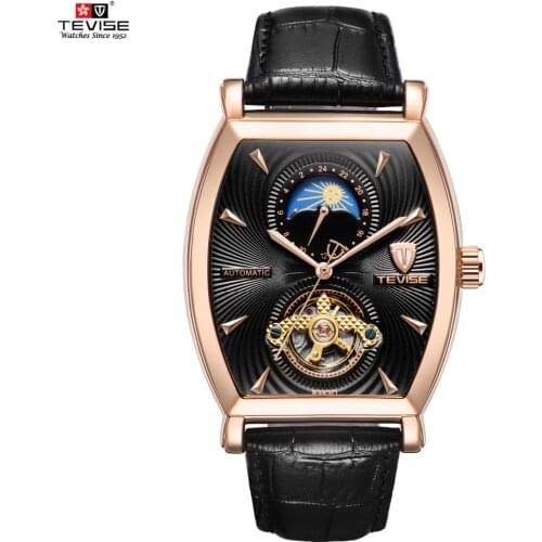 TEVISE Mens Watches Tonneau Moon Phase Automatic Watch Waterproof Self-Wind Mechanical Wristwatches Leather Strap + Box 8383D