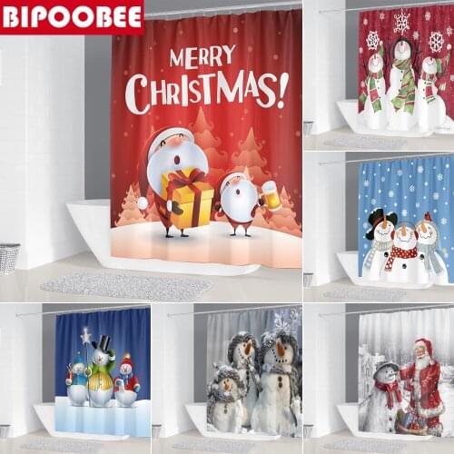 3d Cartoon Xmas Fabric Shower Curtains Merry Christmas Bathroom Curtain Santa Claus Snowman Bathtub Bath Screen Festival Decor