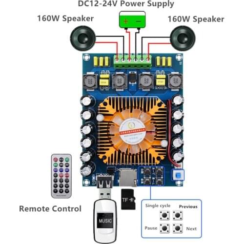 XH-A120 TDA7498E 160W*2 Ultra-high power digital power amplifier board supports U disk TF card with remote control dual 160W