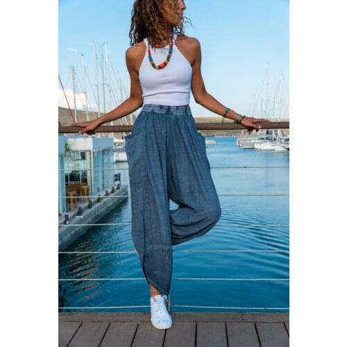 YENİ SEZON 2021 Kadın İndigo Yıkamalı Keten Cepli Beli Lastikli Şalvar Pantolon