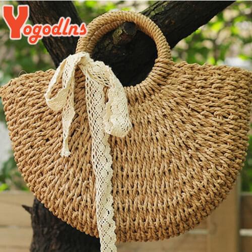 Yogodlns Summer Lace Straw Bag Women Moon Shape Rattan Handle Bag Large Capacity Moon Shape Beach Bag Travel Lady Handbag femme
