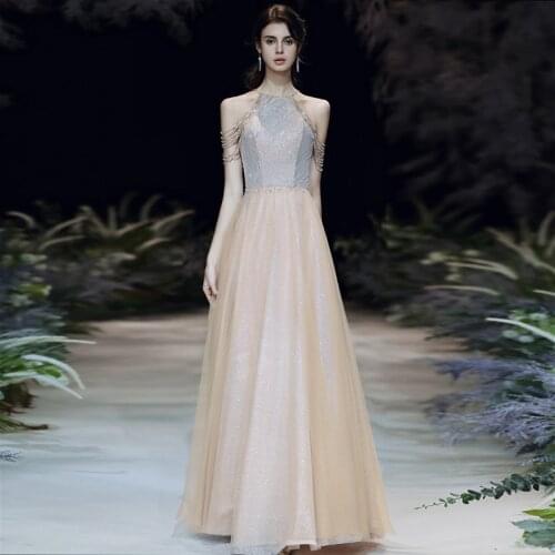 Sequins Evening Dress Elegant Pleat A-Line Floor-Length Simple Halter Sleeveless Beading Backless Woman Formal Party Gown A498