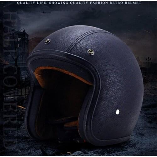 Four Season Jet Helmet Open Face Motorcycle Custom Scooter Black leather Casco