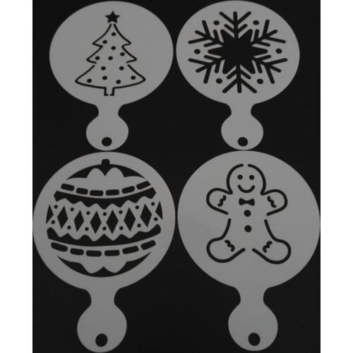 4pcs Christmas Coffee Stencil Tree Snowflake Gingerbread Man Cappuccino Template Strew Pad Duster Spray Tools Coffee Accessories