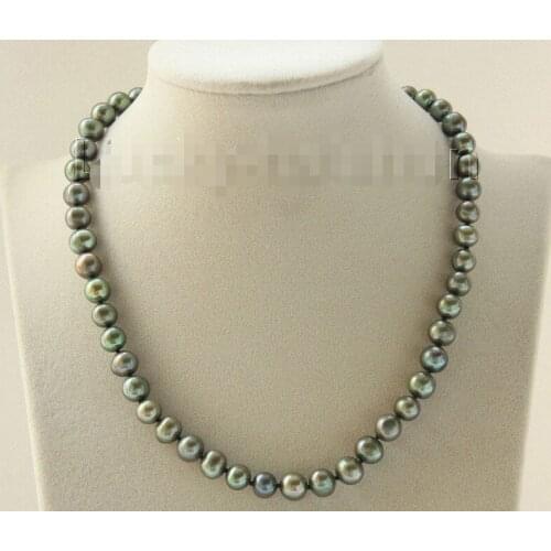 FREE shipping> Genuine 17" 9mm green freshwater pearls necklace magnet clasp