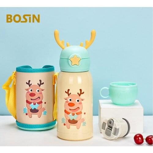 Cartoon Kids Thermos Mug Water Bottle With Straw and Straps Antler Lid Insulated Pot For Chrild Gifts Creativity Drinking Cup