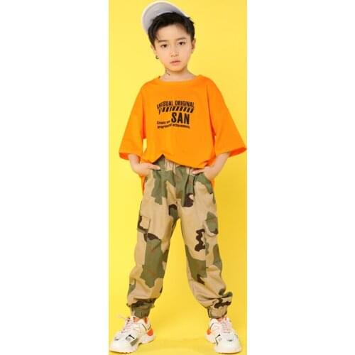 Kid Hip Hop Clothing Casual Orange T-shirt Top Camouflage Pants for Girls Boy Jazz Dance Costume Ballroom Dancing Stage Outfits