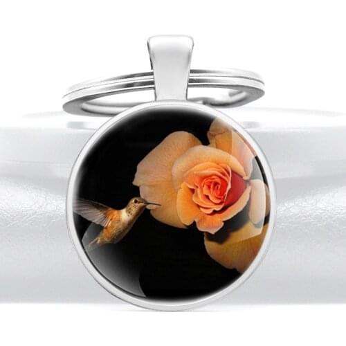 Hummingbird Flower Glass Dome Metal Key Chain Charm Men Women Key Ring Jewelry Gifts Keychains