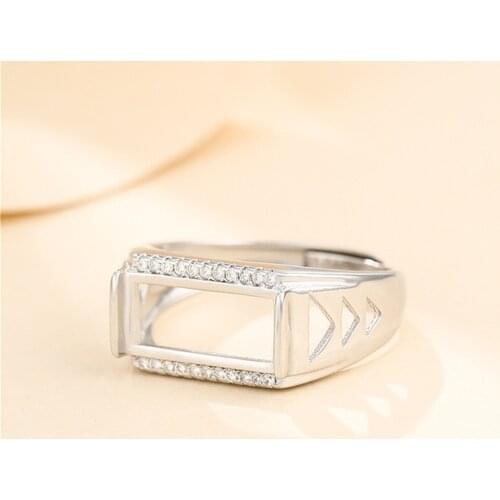 Ring Setting for 7x14mm Rectangle Cabochons Ring Blank White Gold Plated 925 Silver Zircon Adjustable Ring Base SR0154
