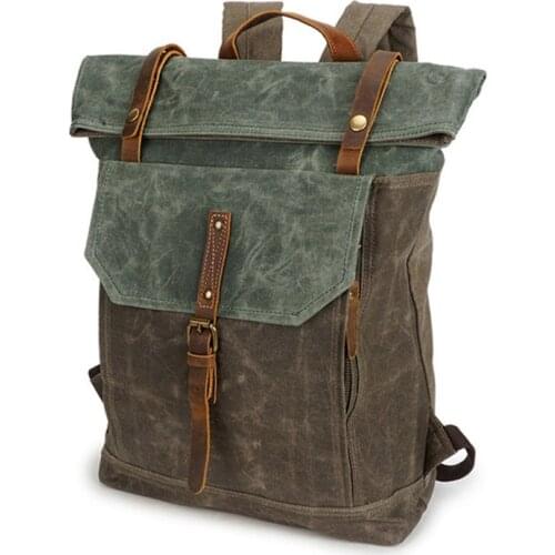 Mens Backpack Retro Style Canvas Travel Bags Crazy Horse Leather Waterproof Multi-Function Backpack
