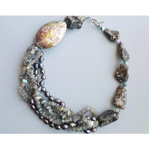 LiiJi Natural Labradorite Freshwater Pearl Abalone Shell Turritella Agates Unique Big Necklace Toggle Clasp Necklace 52cm