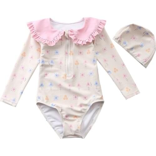 2021 Summer New Children Swimsuit Printed Long Sleeve Rash Guard One-Piece Swimsuit Girl Beach Bikini