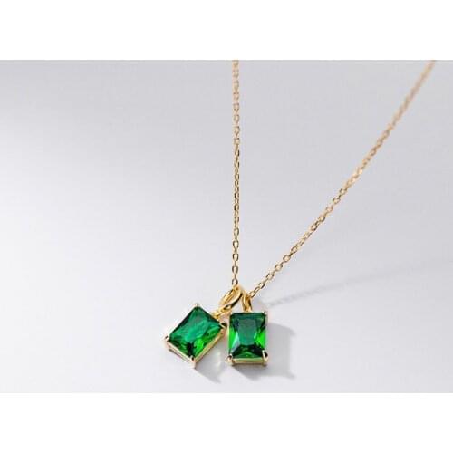 Real 925 Sterling Silver Necklace for Women Teen Girls Green Square CZ Zircon Dainty Pendant Necklaces Elegant Jewelry 2021