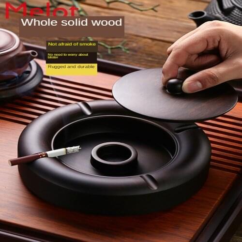 Chinese Style Ebony Solid Wood Ashtray with Cover Large Size Creative Personalized Trend Household Living Room Anti-Fly Ash