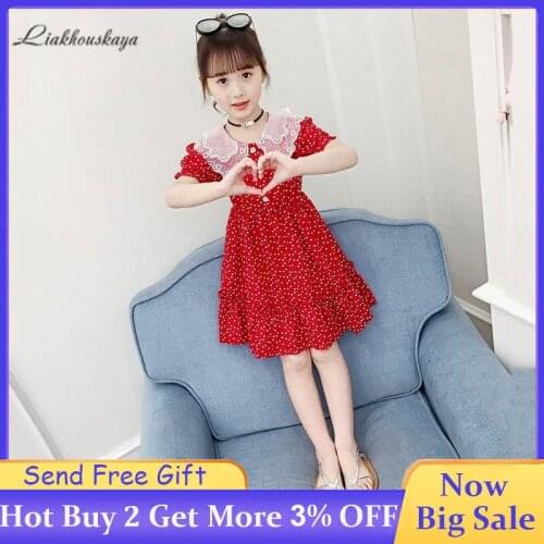 Girls Dresses Summer Short Sleeve Fashion Floral Dot Dresses Girls Lace Flanging Dresses Teens Sweet Elegant Princess Dresses