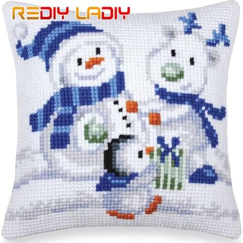 Cross Stitch Cushion Cartoon Snowman Needlepoint Kits Pre-Printed Canvas Thick Yarn Cross-stitch Pillow Case Arts and Crafts