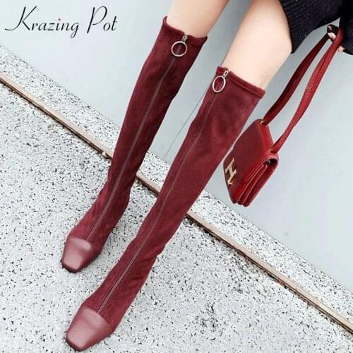 Krazing Pot 2020 genuine leather square toe stretch over-the-knee boots thick heels superstar zipper beauty thigh high boots L08
