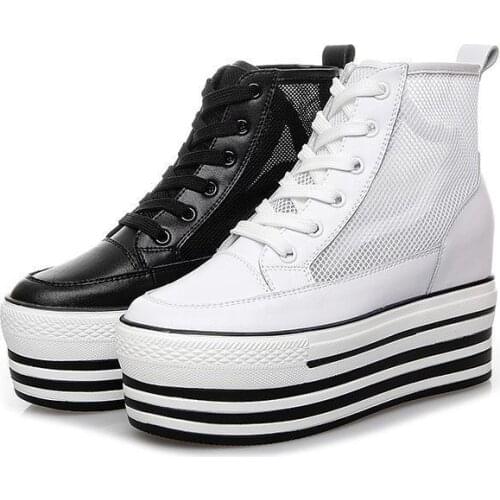 9cm High Top Boots Summer Air mesh breathable Genuine Height Increased Super High Heel Platform Sports Women Casual Shoes