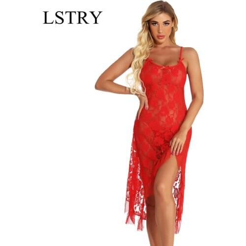 Sexy Lace Nightwear Erotic Lingerie Sleepwear Women Summer See Through Sleep Dress Solid Lace Pajamas Bath Robe Dress Nightgown