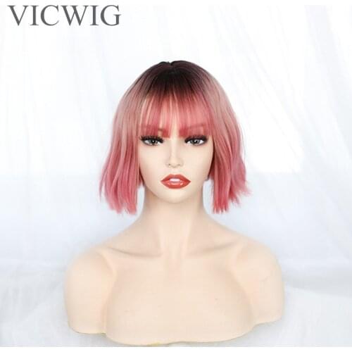 VICWIG Cosplay Wig Black Gradient Pink Short Natural Wave Synthetic Wigs with Bangs Bob Hairstyle for Women