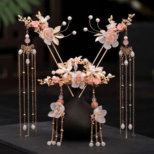 New Ancient Chinese Style Women Girls Hanfu Dress Long Tassel Step Shake Flower Hairpins Clips Hair Combs Earring Jewelry Sets