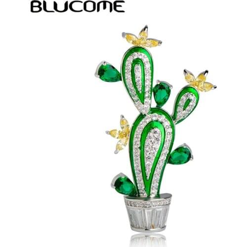 Blucome Vivid Green Cactus Shape Brooches Full Rhinestones Enamel Plant Brooch For Women Suit Dress Accessories 2018 Trendy Pins