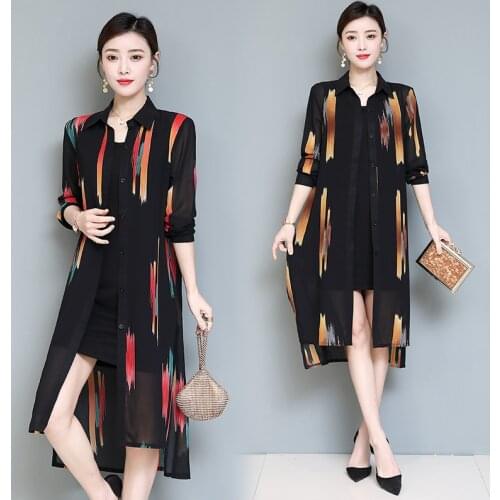 TingYiLi High Low Color Striped Printed Women Long Shirt Korean Style Button Up Kimono Elegant Ladies Summer Coat Top