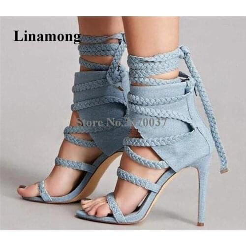 2019 Spring New Fashion Women Open Toe Suede Leather Braided Rope Straps Thin Heel Gladiator Sandals Lace-up High Heel Sandals